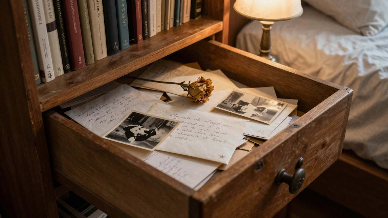 A drawer filled with personal notes and mementos, lit by a soft bedside lamp.