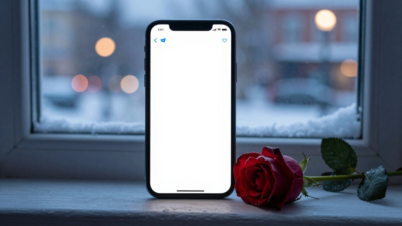 A smartphone rests beside a frost-dusted rose on a windowsill, symbolizing discreet connection.