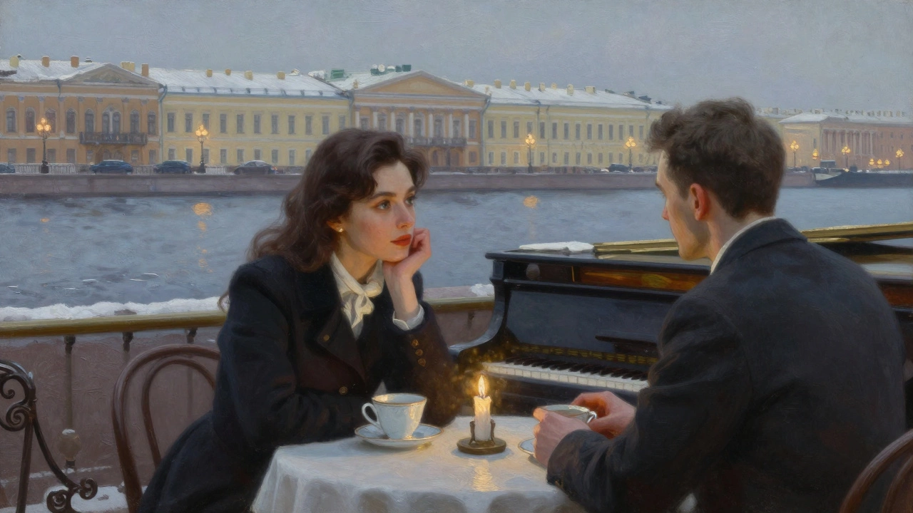 A woman listens intently to a man in a cozy St. Petersburg café, candlelight reflecting on teacups.